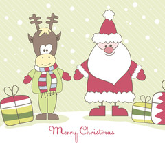 Santa, Reindeer and gift. Vector illustration