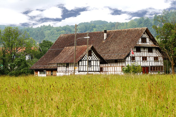 Fototapeta na wymiar Klasyczny dom stary biały malowane drewno ramka stoi na łące