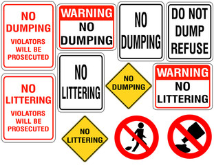 Set of No Dumping or Littering Signs