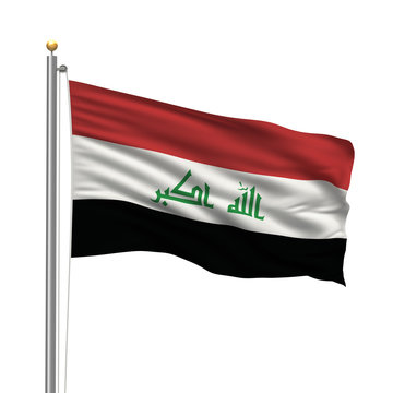Flag of Iraq waving in the wind in front of white background