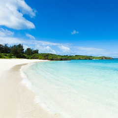 Deserted tropical beach on coral island with clear blue water