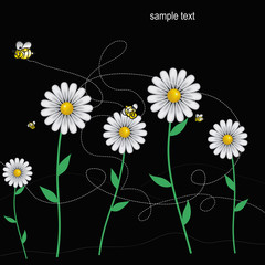 colorful DAISIES meadow with bees background, vector