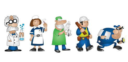 cartoon professionals scientist doctor nurse builder burglar