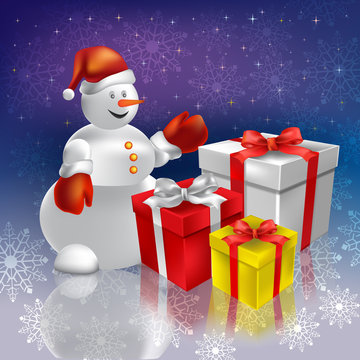 christmas greeting snowman with gifts