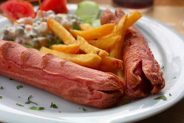 Grilled sausages with potatoes and vegetable garnish