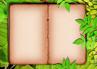 Old paper background with green leaves