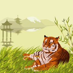 vector illustration with tiger and pagoda