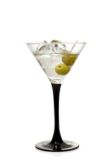 Martini with olives on a white background