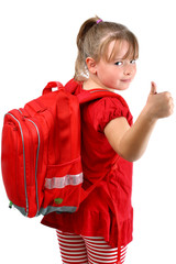 Thumb up girl with red school bag isolated on white