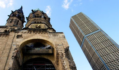 Ruins of Kaiser Wilhelm Memorial Church in Berlin destroyed by A - obrazy, fototapety, plakaty