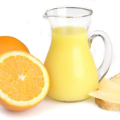 Breakfast with orange juice and bread with cheese