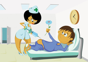 Vector: funny nurse injecting patient in the private ward.