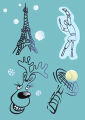 Eiffel tower, reindeer, rocket and dummy  vector doodles.