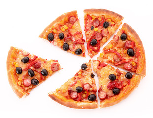 sliced pizza with olives isolated on white