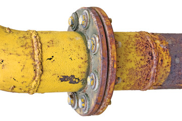 Weathered old aged grunge gas pipe connection flange isolated - obrazy, fototapety, plakaty
