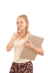 Portrait of Young adorable businesswoman holding silver laptop o