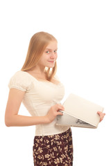 Young adorable businesswoman closing open laptop on white