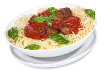 pasta with meatballs and basil with tomato sauce
