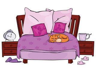 Double bed with sleeping cat