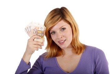 young woman with euro money (white background)