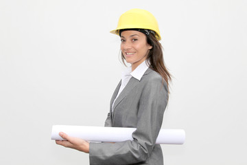 Businesswoman with security helmet on white background