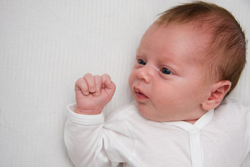 1 month old newborn boy with copy space