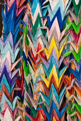 Colorful origami cranes on display at a Japanese temple