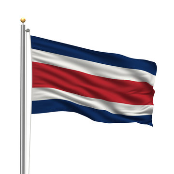Flag of Costa Rica waving in the wind over white background