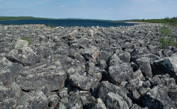 Wild rocky lanscape along Utsjoki river in Lapland