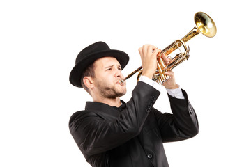 Man in a suit with a hat playing a trumpet