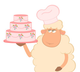 cartoon sheep holding fancy wedding cake