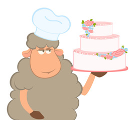 cartoon sheep holding fancy wedding cake