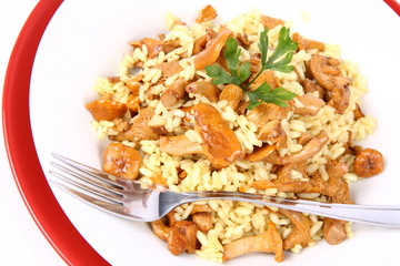 Risotto with mushrooms decorated with parsley and a fork