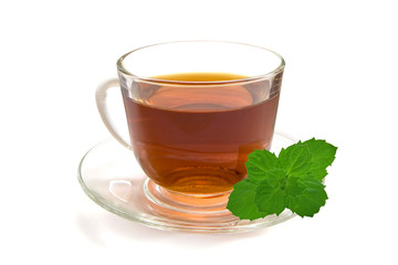 Cup of tea with mint isolated on  white