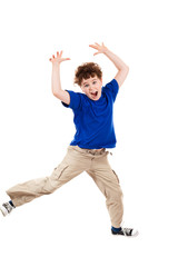 Boy jumping, running isolated on white background