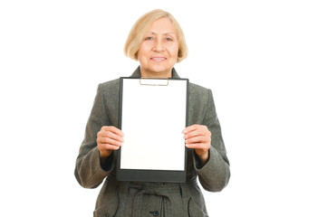 Portrait of a happy senior woman holding clipboard