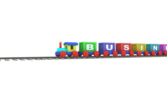 Animation of a 3d train carrying business word