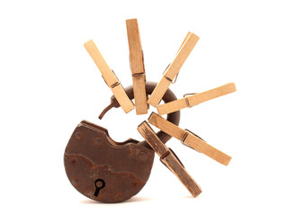 The old door lock and clothespins