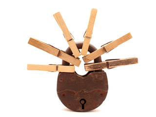 The old door lock and clothespins