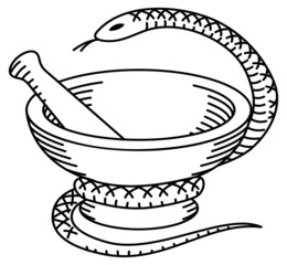 Pharmaceutical mortar, pestle and a snake.