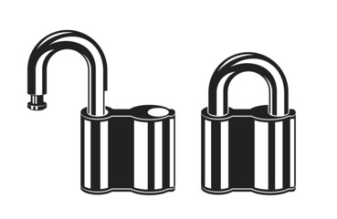 Locked and unlocked monochromatic padlock icons