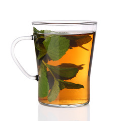 Cup of fresh mint tea, isolated on a white background
