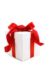 White Gift Box with Red Satin Ribbon Bow