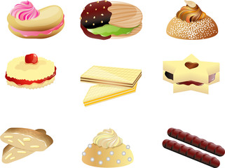 Cookies and biscuits icons set. Various pastry snack food. Chocolate and vanilla