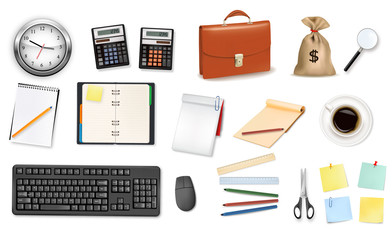 Fototapeta premium A clock, notebooks and some office supplies. Vector.