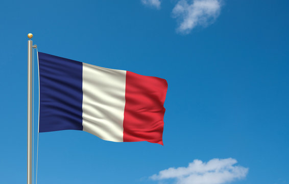 Flag of France waving in the wind in front of blue sky