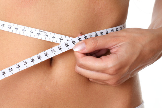 Closeup measurement of a female waist on a white background