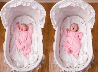 Newborn Baby Girl Yawning in Bassinet