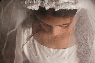 Girl in Holy Communion Dress with a veil