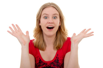 woman is looking surprised over white background